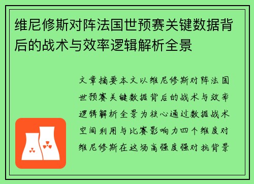 维尼修斯对阵法国世预赛关键数据背后的战术与效率逻辑解析全景